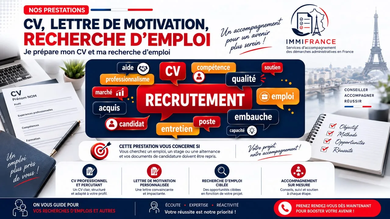 Une conseillère IMMIFRANCE échange avec un bénéficiaire, tour Eiffel en arrière-plan.